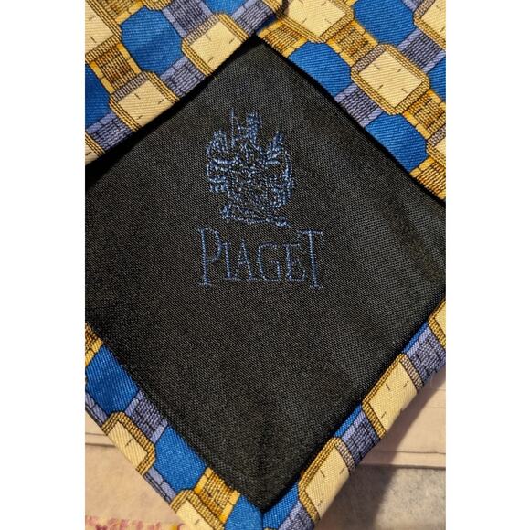 Piaget Silk Vintage 100% Silk Blue Gold Geometric Design Neck Tie - Picture 15 of 16